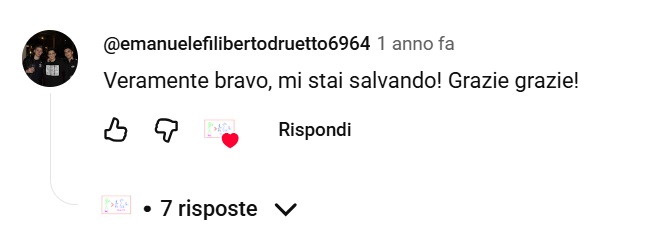@emanuelefilibertodruetto6964: Veramente bravo, mi stai salvando! Grazie grazie!